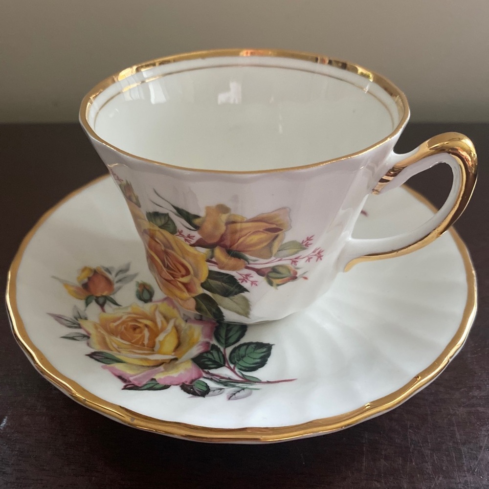 Vintage Royal Ardalt Cup Saucer English Bone China Yellow Roses with Gold Trim